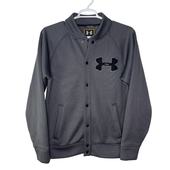 Under Armour Storm Varsity Jacket Mens Large Gray Snap Front Athletic EUC - Picture 1 of 6